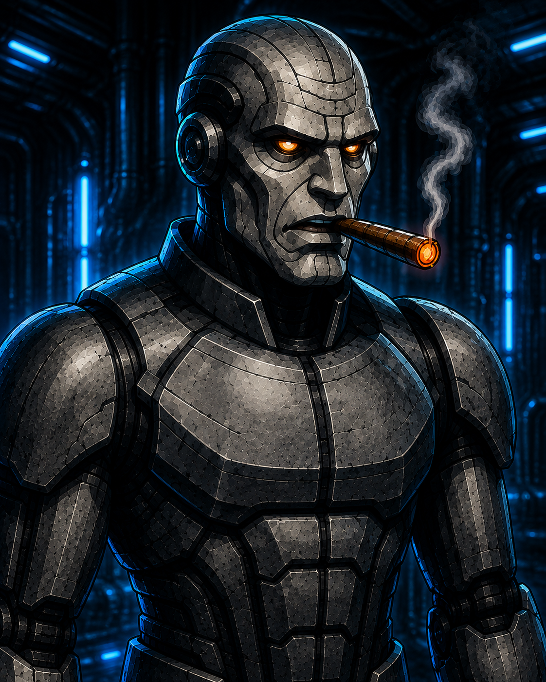 Graphite, robot imposant au cigare, incarne la performance dans la série Les paradoxes du numérique.