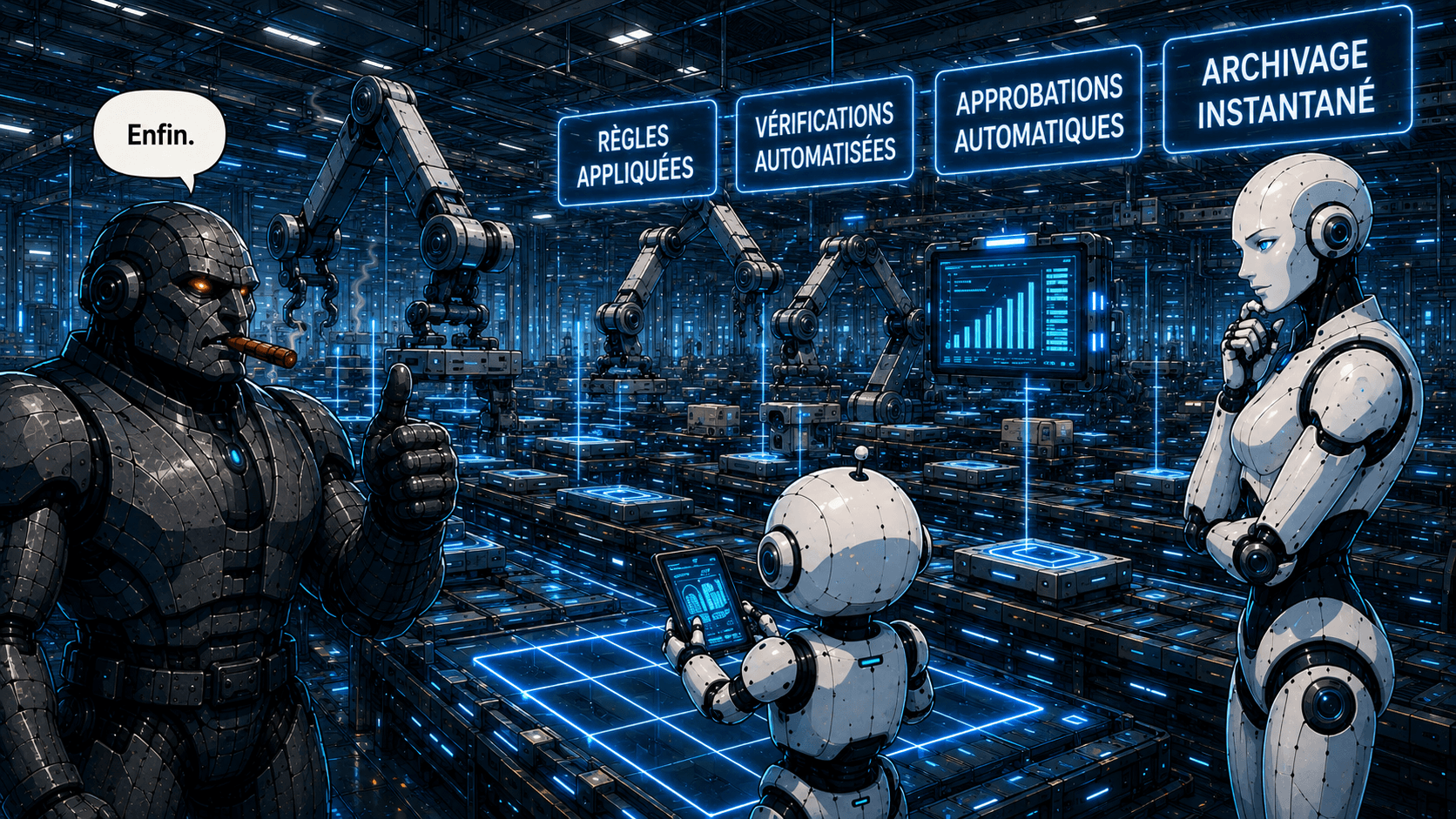 Case 3 : un tableau de bord affiche +400 % de productivité. Le Petit Robot, bras levés, annonce « Processus entièrement automatisé! ».